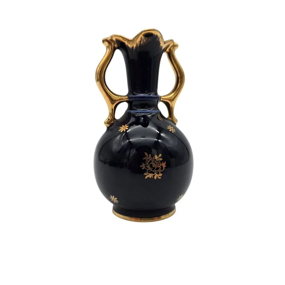 Vintage Limoges France Cobalt Blue Gilded Miniature Vase Gold Courting Couple 5